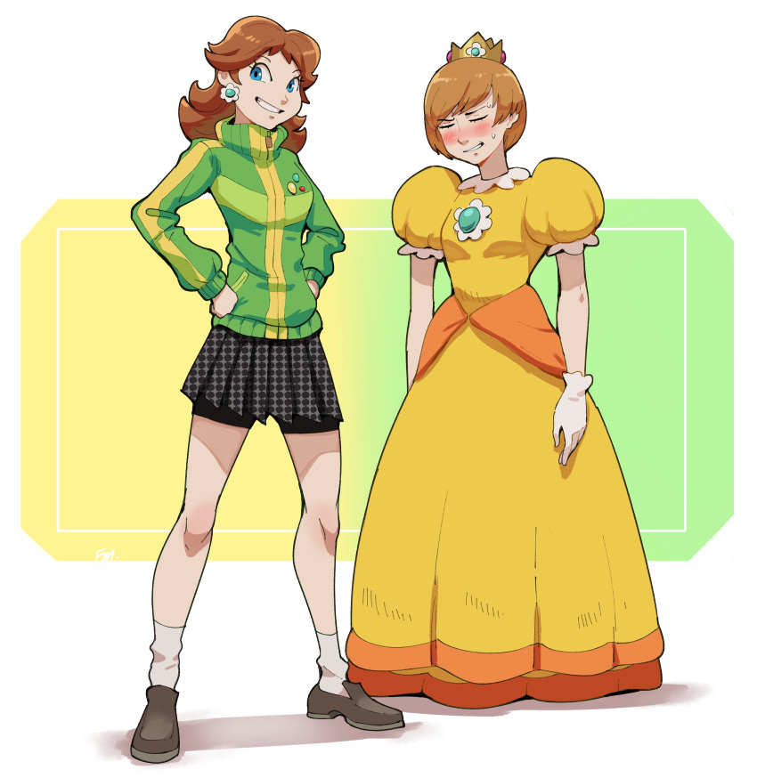 2girls, absurdres, bike_shorts, blue_eyes, blush, brown_hair, closed_eyes, commentary
