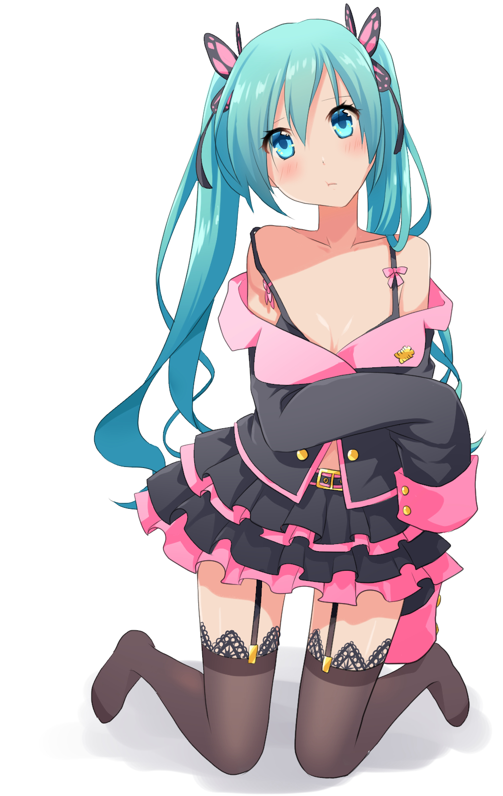 1girl, aira_(exp), aqua_eyes, aqua_hair, belt, black_bra, black_legwear, black_shirt