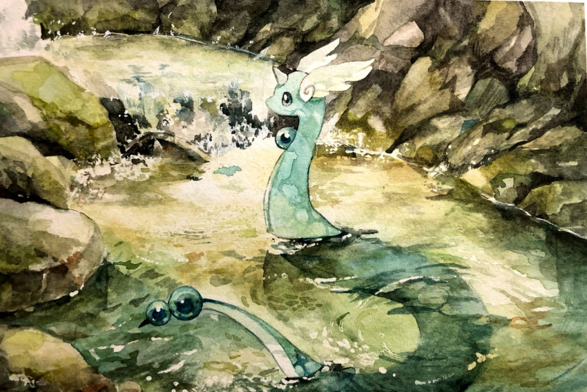 dragonair, gen_1_pokemon, grey_eyes, horns, kamonabe_(kamonabeekon), no_humans, partially_submerged, pokemon