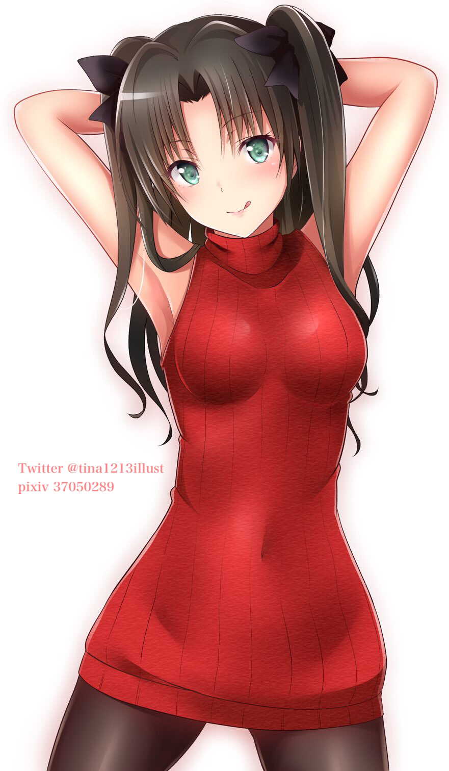 arm_up, armpits, black_legwear, blush, fate/stay_night, fate_(series), green_eyes, hair_ornament