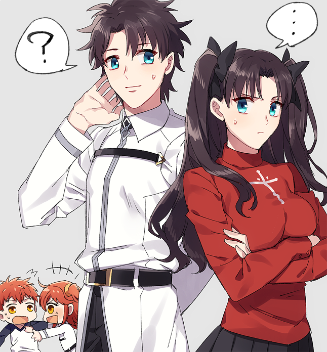 ..., 2boys, 2girls, ?, belt, belt_buckle, black_hair, blue_eyes, buckle, chaldea_uniform, chibi, crossed_arms, emiya_shirou, fate/grand_order, fate_(series), fujimaru_ritsuka_(female), fujimaru_ritsuka_(male), hair_ribbon, k_gear_labo, looking_at_another, multiple_boys, multiple_girls, orange_hair, red_sweater, ribbon, riyo_(lyomsnpmp)_(style), simple_background, spoken_ellipsis, spoken_question_mark, sweatdrop, sweater, tohsaka_rin, upper_body, white_background, yellow_eyes