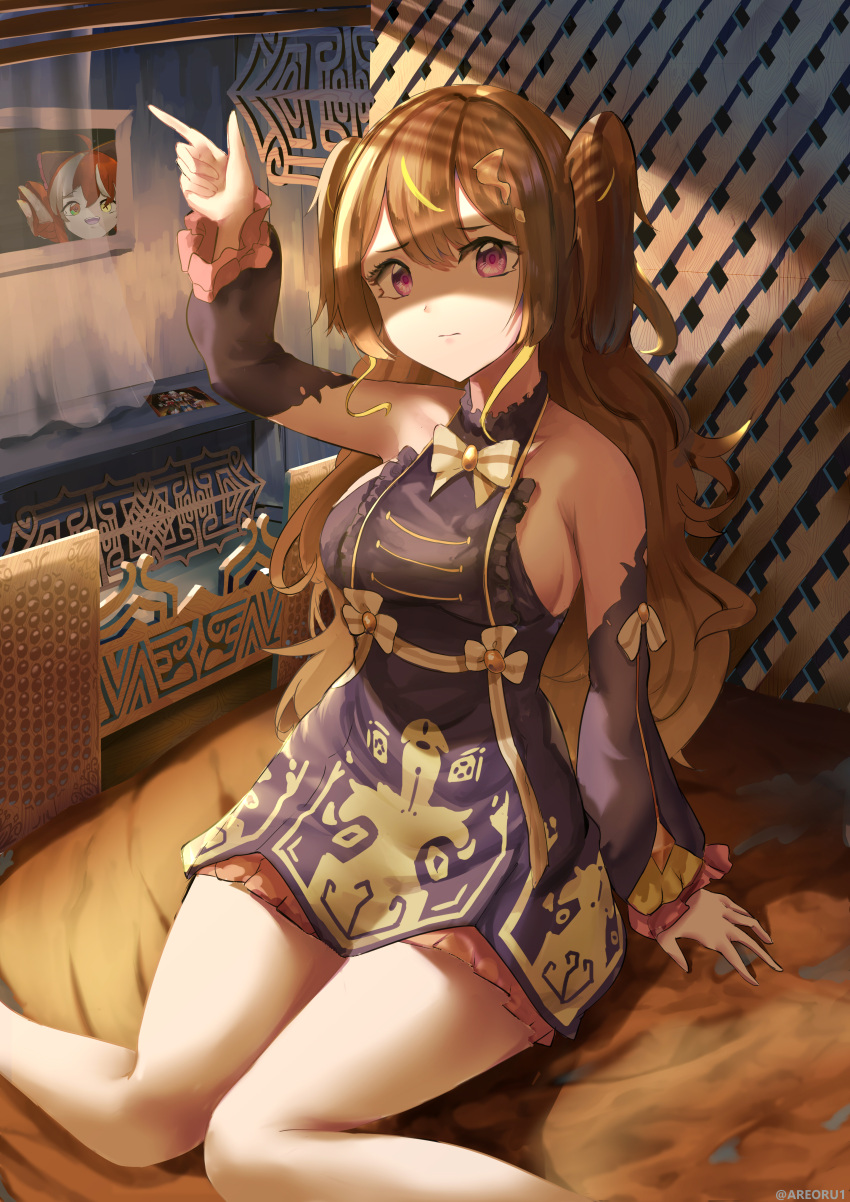 2girls, absurdres, anya_melfissa, arm_support, black_dress, bow, bowtie, breasts, brown_eyes, brown_hair, counter, curtains, detached_sleeves, dress, hair_ornament, highres, hololive, hololive_indonesia, indoors, kureiji_ollie, lattice, long_hair, looking_at_viewer, looking_in_window, medium_breasts, multicolored_hair, multiple_girls, nyanbunya, pointing, ringlets, shading_eyes, sideboob, sitting, solo_focus, streaked_hair, thighs, twitter_username, two_side_up, very_long_hair, virtual_youtuber, wavy_mouth, window, yellow_neckwear