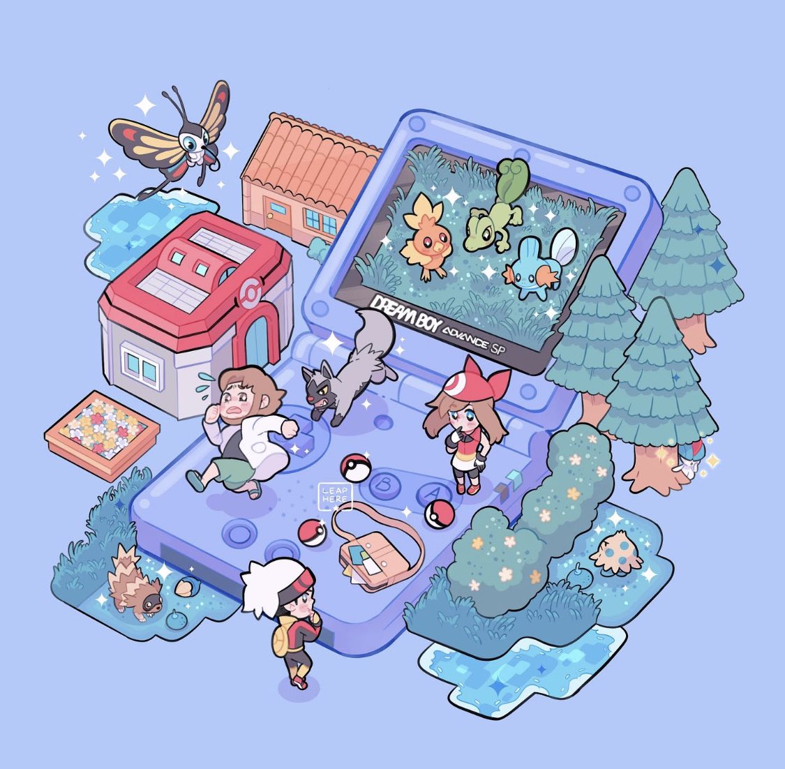 1girl, 2boys, backpack, bag, beanie, beautifly, berry_(pokemon), bike_shorts