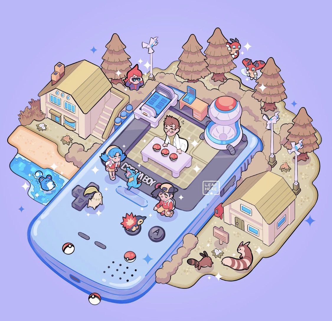 1girl, 3boys, backpack, backwards_hat, bag, baseball_cap, black_hair, blue_eyes, blue_hair, blush, building, chikorita, commentary, cyndaquil, desk, door, elm_(pokemon), ethan_(pokemon), furret, game_boy_color, gen_2_pokemon, grass, handheld_game_console, hat, kris_(pokemon), labcoat, ledyba, marill, multiple_boys, open_mouth, poke_ball, poke_ball_(basic), pokemon, pokemon_(creature), pokemon_(game), pokemon_gsc, sentret, shoes, silver_(pokemon), smile, sneakers, sparkle, squatting, standing, starter_pokemon_trio, table, totodile, tree, window, yamato-leaphere