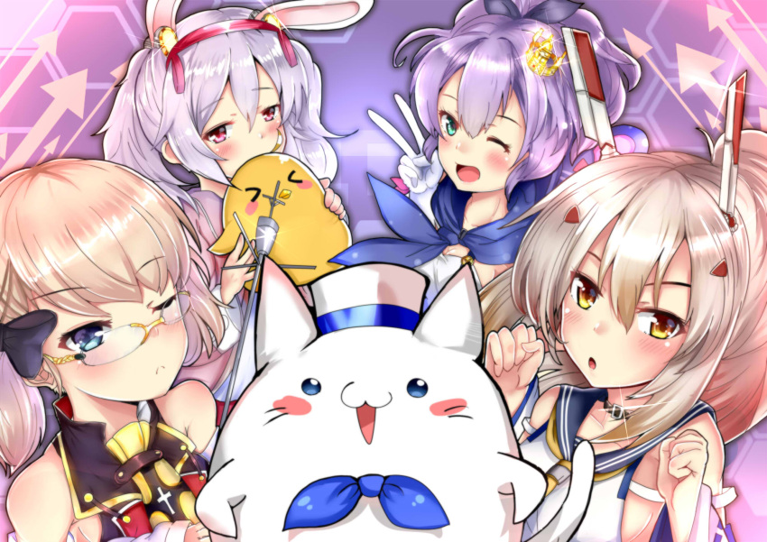 >_<, 4girls, animal_ears, ayanami_(azur_lane), azur_lane, bare_shoulders, black_bow, black_choker, blue_bow, blue_eyes, blue_hoodie, blue_sailor_collar, bow, cat_ears, choker, crop_top, crown, eyebrows_visible_through_hair, fake_animal_ears, fire_maxs, glasses, gloves, green_eyes, hair_between_eyes, hairband, headgear, high_ponytail, highres, hood, hoodie, javelin_(azur_lane), laffey_(azur_lane), light_brown_hair, light_purple_hair, looking_at_viewer, manjuu_(azur_lane), medium_hair, meowfficer_(azur_lane), mini_crown, multiple_girls, one_eye_closed, open_mouth, pink_eyes, pink_hairband, purple_hair, rabbit_ears, sailor_collar, twintails, v, white_gloves, yellow_eyes, yellow_neckwear, z23_(azur_lane)