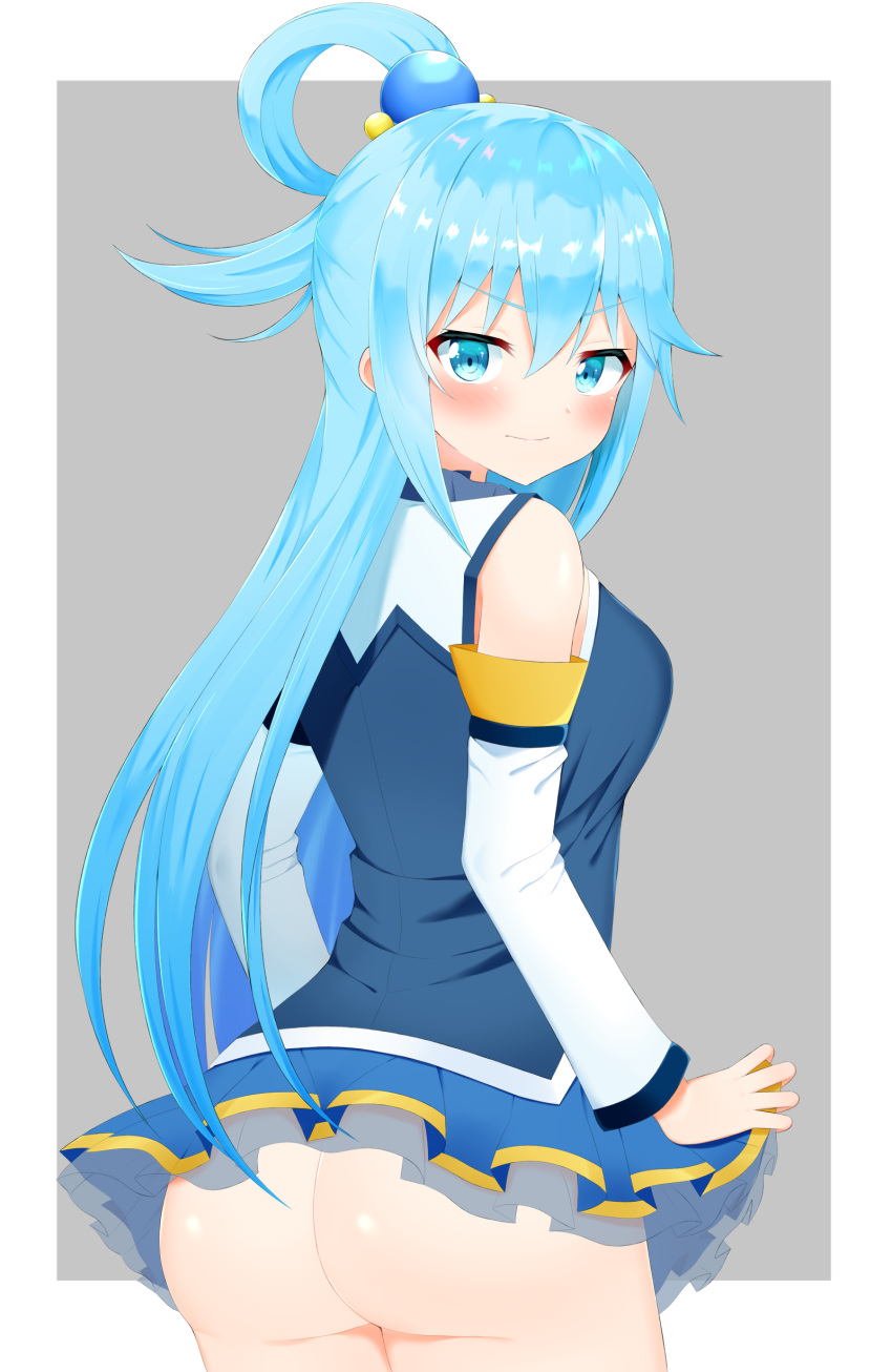 1girl, absurdres, angry, aqua_(konosuba), aqua_eyes, aqua_hair, ass, bangs