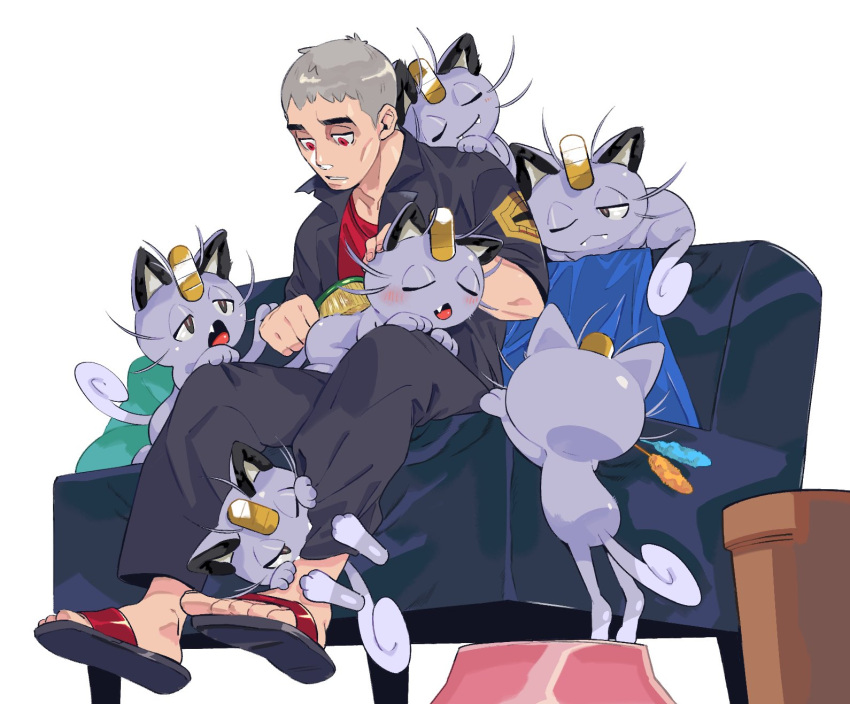 1boy, alolan_form, alolan_meowth, black_jacket, black_pants, brushing, commentary_request, couch