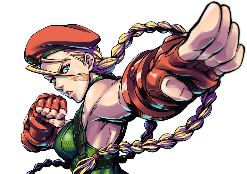 1girl, antenna_hair, beret, blonde_hair, blue_eyes, braid, breasts, buru-dai, cammy_white, clenched_hand, commentary_request, eyelashes, eyeshadow, fingerless_gloves, gloves, green_leotard, harness, hat, high_contrast, highres, leotard, lips, long_hair, makeup, medium_breasts, nose, red_gloves, red_headwear, scar, scar_on_cheek, scar_on_face, sleeveless, solo, street_fighter, street_fighter_v, toned, twin_braids, very_long_hair, white_background