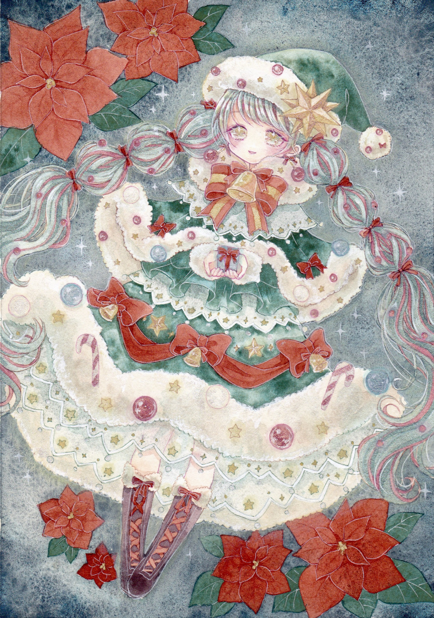 absurdres, amu_(m_aa), boots, braid, christmas, christmas_ornaments, flower, fur_trim