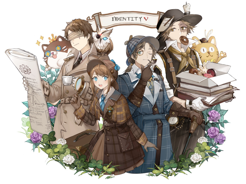 1girl, 3boys, :d, absurdres, bird, black_neckwear, blindfold, blue_eyes