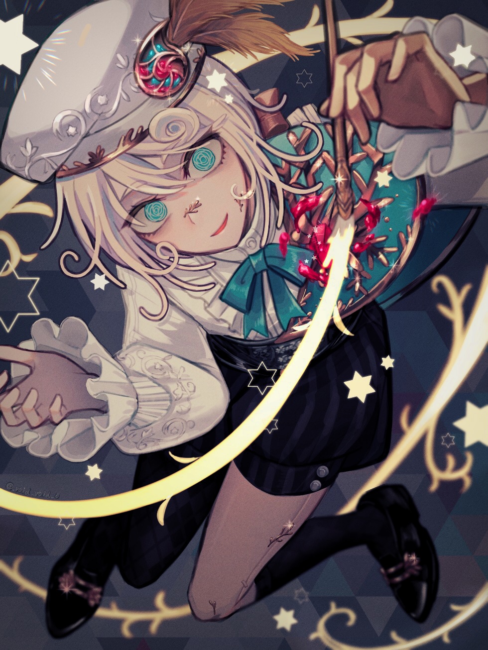 1boy, beret, black_legwear, blonde_hair, blue_eyes, blue_neckwear, bow, brown_bow, edgar_valden, eyebrows_visible_through_hair, frilled_sleeves, frills, hair_bow, hat, hat_feather, highres, identity_v, kneehighs, long_sleeves, low_ponytail, neck_ribbon, paintbrush, ponytail, puffy_shorts, ribbon, shorts, sleeves_past_wrists, smile, solo, sparkle, spiral_eyes, star_(symbol), tendenbarabara, white_headwear