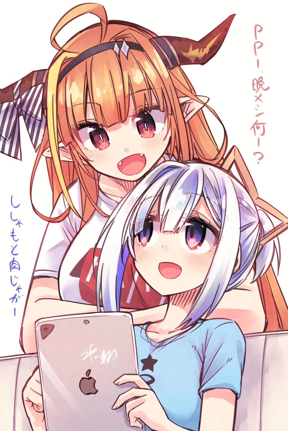 2girls, ahoge, amane_kanata, apple_inc., bangs, black_bow, black_hairband, blonde_hair