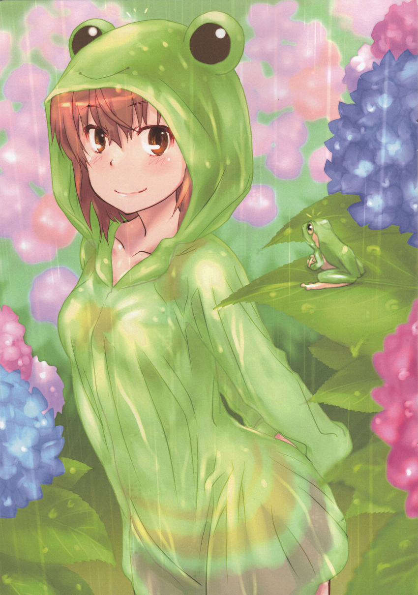 1girl, absurdres, animal, animal_hood, arms_behind_back, bangs, blue_flower, blurry