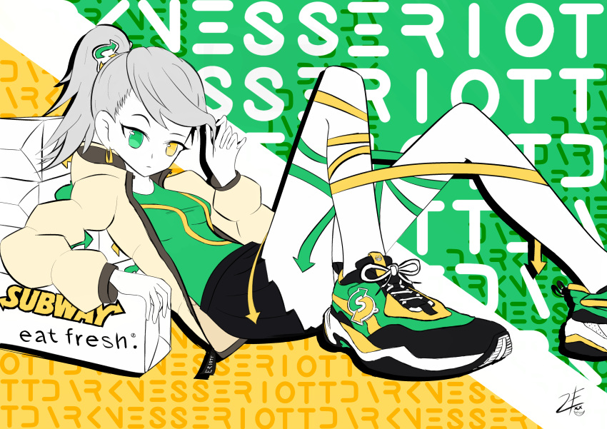 1girl, absurdres, artist_name, bare_legs, beige_jacket, black_skirt, box, box_stack