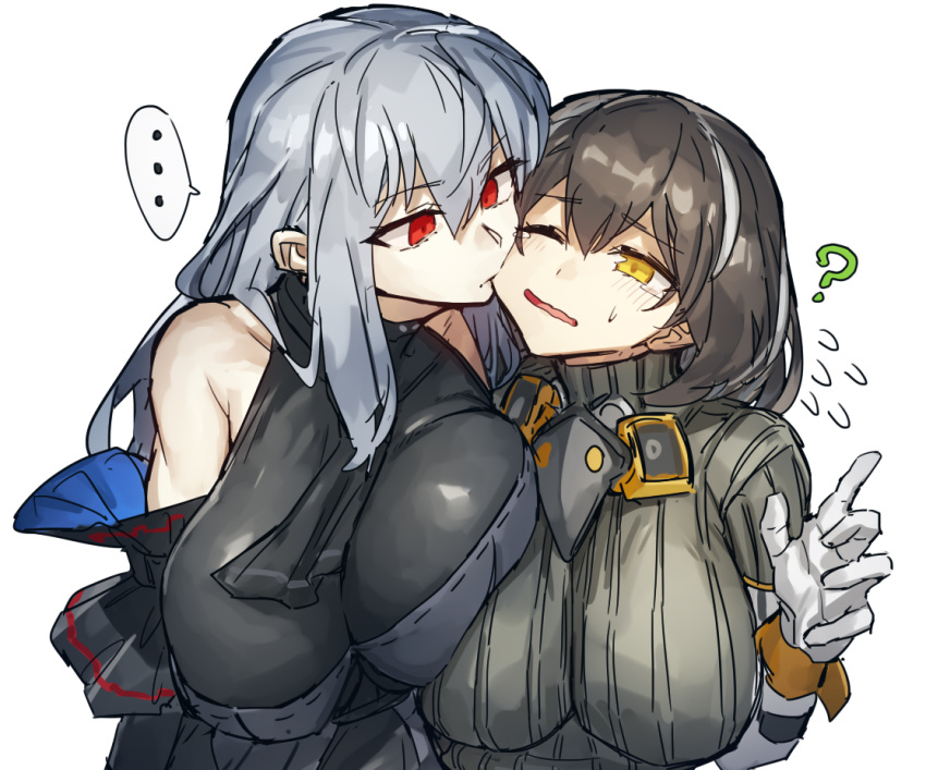 ..., 2girls, ?, arknights, bangs, biting, breast_press, breasts