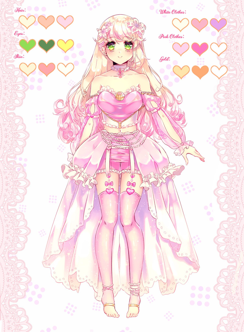1girl, bangs, bare_shoulders, barefoot, blonde_hair, blush, breasts, choker, detached_sleeves, dress, english_commentary, eyebrows_visible_through_hair, flower, frilled_choker, frills, full_body, gradient_hair, green_eyes, hair_flower, hair_ornament, highres, indie_virtual_youtuber, linnea_kataja, long_hair, magical_girl, mahou_shoujo_riri, medium_breasts, multicolored_hair, open_hand, palette, pink_dress, pink_hair, see-through_sleeves, smile, solo, standing, thigh-highs, very_long_hair, virtual_youtuber, white_lily