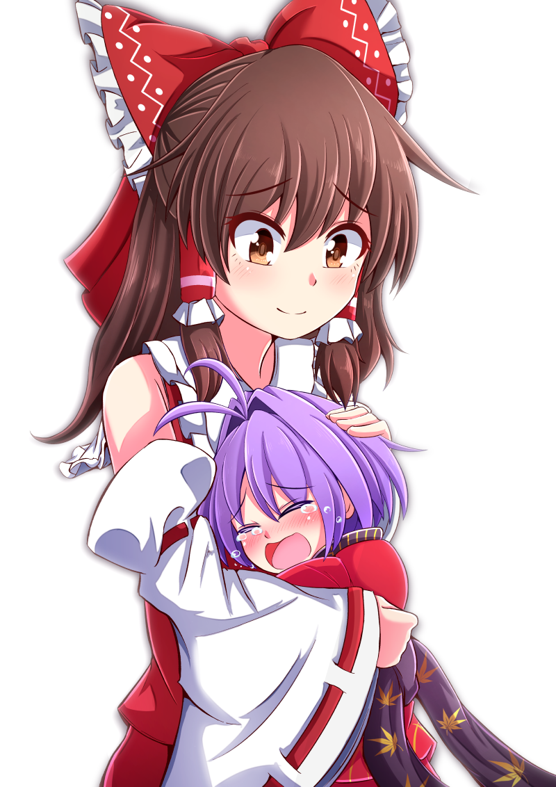 2girls, antenna_hair, aospanking, bare_shoulders, blush, bow, brown_eyes, brown_hair, closed_eyes, commentary_request, crying, detached_sleeves, eyebrows_visible_through_hair, hair_between_eyes, hair_bow, hair_intakes, hair_tubes, hakurei_reimu, half_updo, hand_on_another's_head, head_on_chest, hug, japanese_clothes, kimono, leaf_print, long_hair, looking_at_another, looking_down, minigirl, motherly, multiple_girls, obi, partial_commentary, purple_hair, red_kimono, red_vest, ribbon-trimmed_sleeves, ribbon_trim, sash, short_sleeves, sidelocks, simple_background, smile, sukuna_shinmyoumaru, tears, touhou, vest, white_background