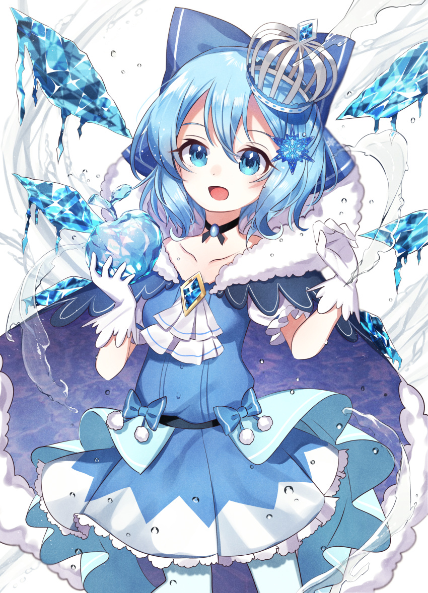 1girl, absurdres, ametama_(runarunaruta5656), arms_up, black_choker, black_neckwear, blue_cape, blue_dress