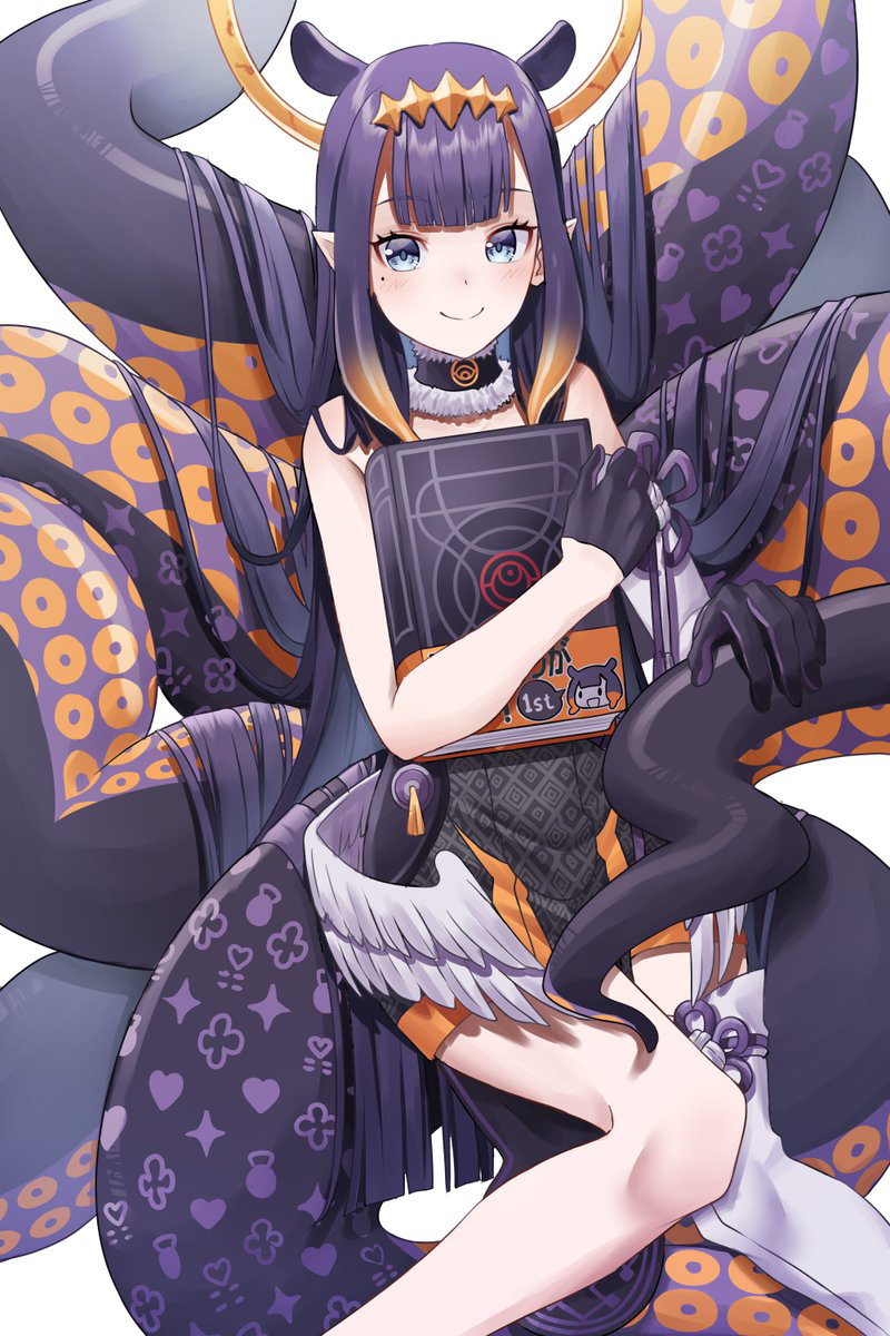 1girl, abo_leen, ao-chan_(ninomae_ina'nis), bangs, black_dress, black_gloves, blue_eyes, blunt_bangs, blunt_ends, book, closed_mouth, dress, eyelashes, fur-trimmed_choker, gloves, hair_flowing_over, half_gloves, halo, hand_on_tentacle, highres, holding, holding_book, holding_to_chest, hololive, hololive_english, long_hair, looking_at_viewer, low_wings, mole, mole_under_eye, ninomae_ina'nis, pointy_ears, purple_hair, sidelocks, simple_background, single_thighhigh, smile, solo, tassel, tentacle_hair, tentacles, thigh-highs, tsurime, very_long_hair, virtual_youtuber, white_background, white_legwear, wings