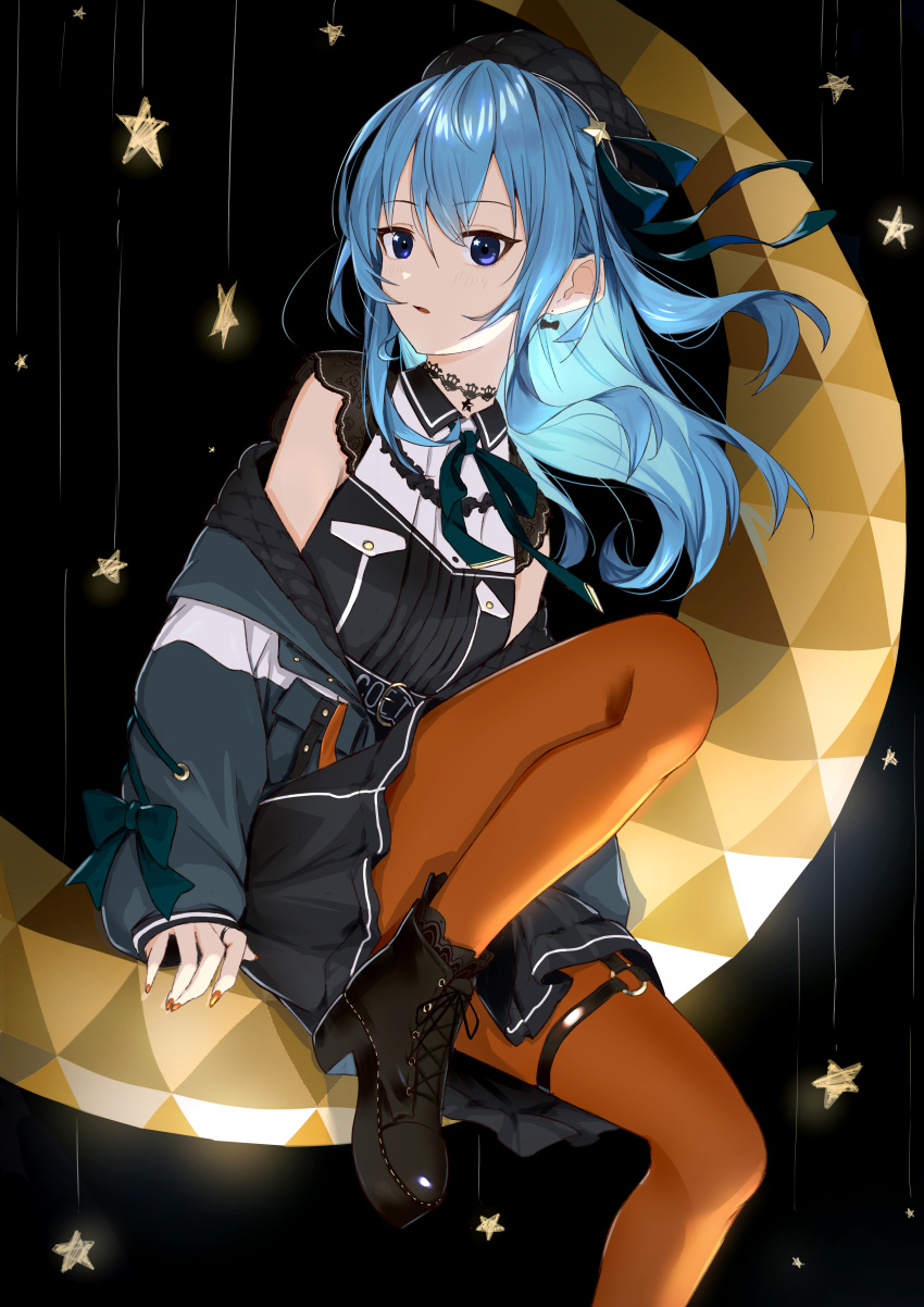 1girl, absurdres, belt, beret, black_choker, black_shirt, black_skirt, blue_eyes