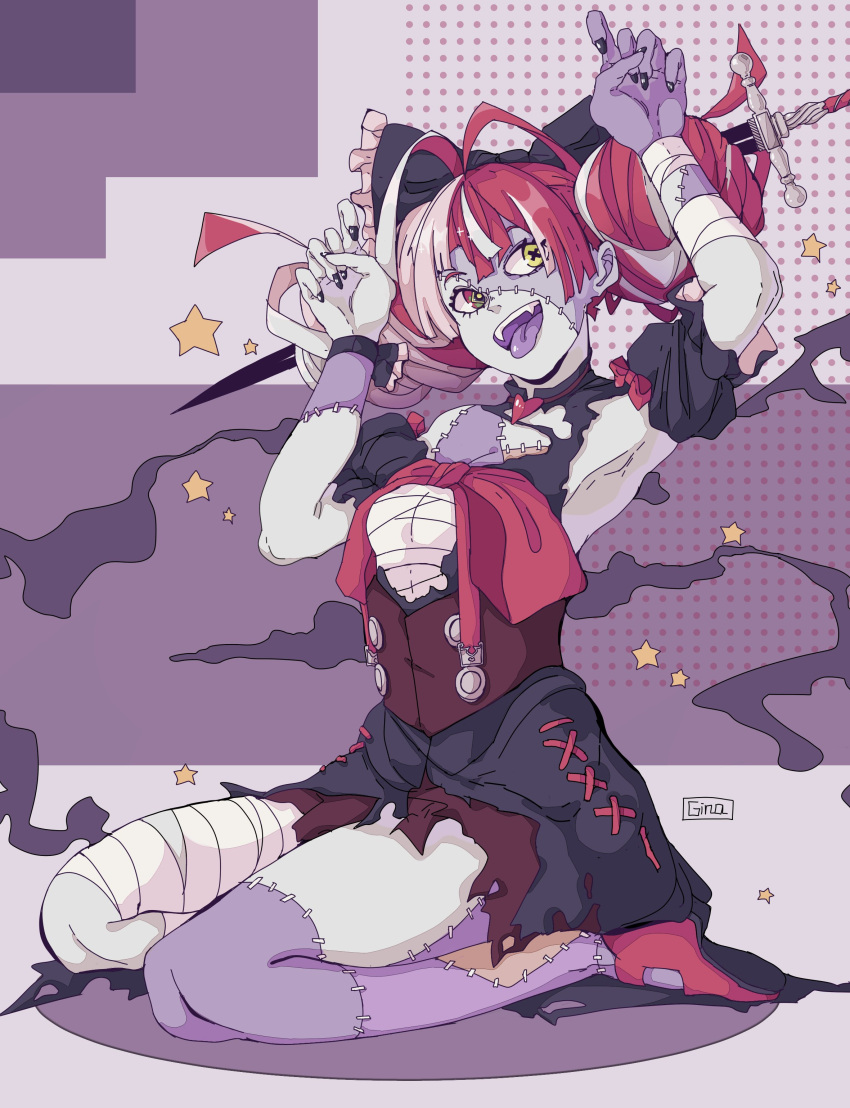 0gina0, absurdres, ahoge, armpits, black_bow, black_dress, black_nails, bow