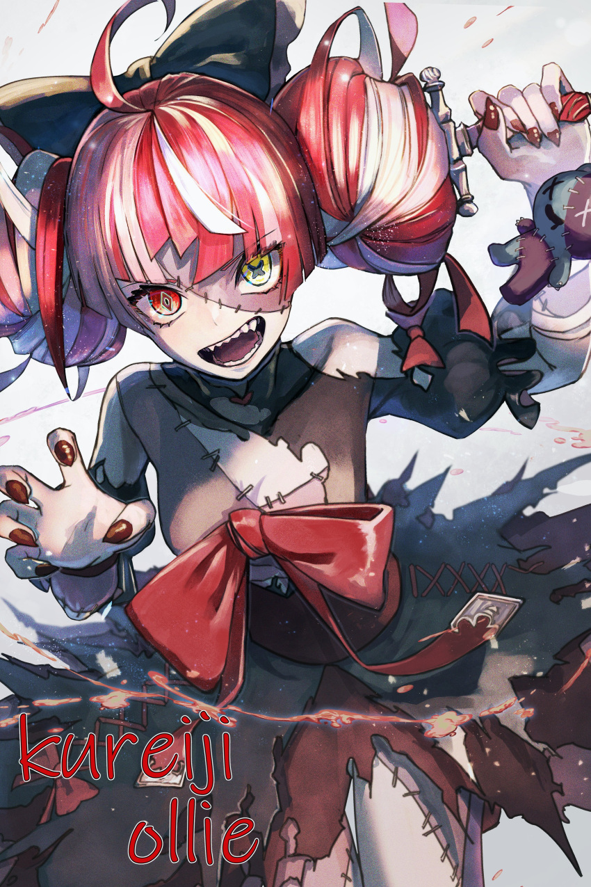 1girl, absurdres, ahoge, black_bow, black_dress, black_nails, bow, claw_pose, colored_skin, double_bun, dress, fangs, from_above, grey_hair, grey_skin, hair_bow, heterochromia, highres, holding, holding_sword, holding_weapon, hololive, hololive_indonesia, kureiji_ollie, kyara-suro, looking_at_viewer, looking_up, multicolored_hair, pink_hair, red_bow, red_eyes, redhead, solo, stitched_face, stitches, sword, torn_clothes, torn_dress, udin_(kureiji_ollie), virtual_youtuber, weapon, yellow_eyes, zombie