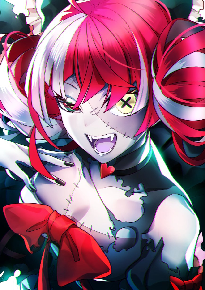 1girl, ahoge, bangs, black_dress, black_nails, bow, colored_skin, double_bun, dress, eyebrows_behind_hair, grey_hair, grey_skin, hand_on_own_chest, heterochromia, highres, hololive, hololive_indonesia, itsuki_keiichi, kureiji_ollie, looking_at_viewer, looking_up, multicolored_hair, open_mouth, pink_hair, red_bow, red_eyes, redhead, solo, stitched_face, stitches, torn_clothes, torn_dress, tsurime, virtual_youtuber, yellow_eyes, zombie