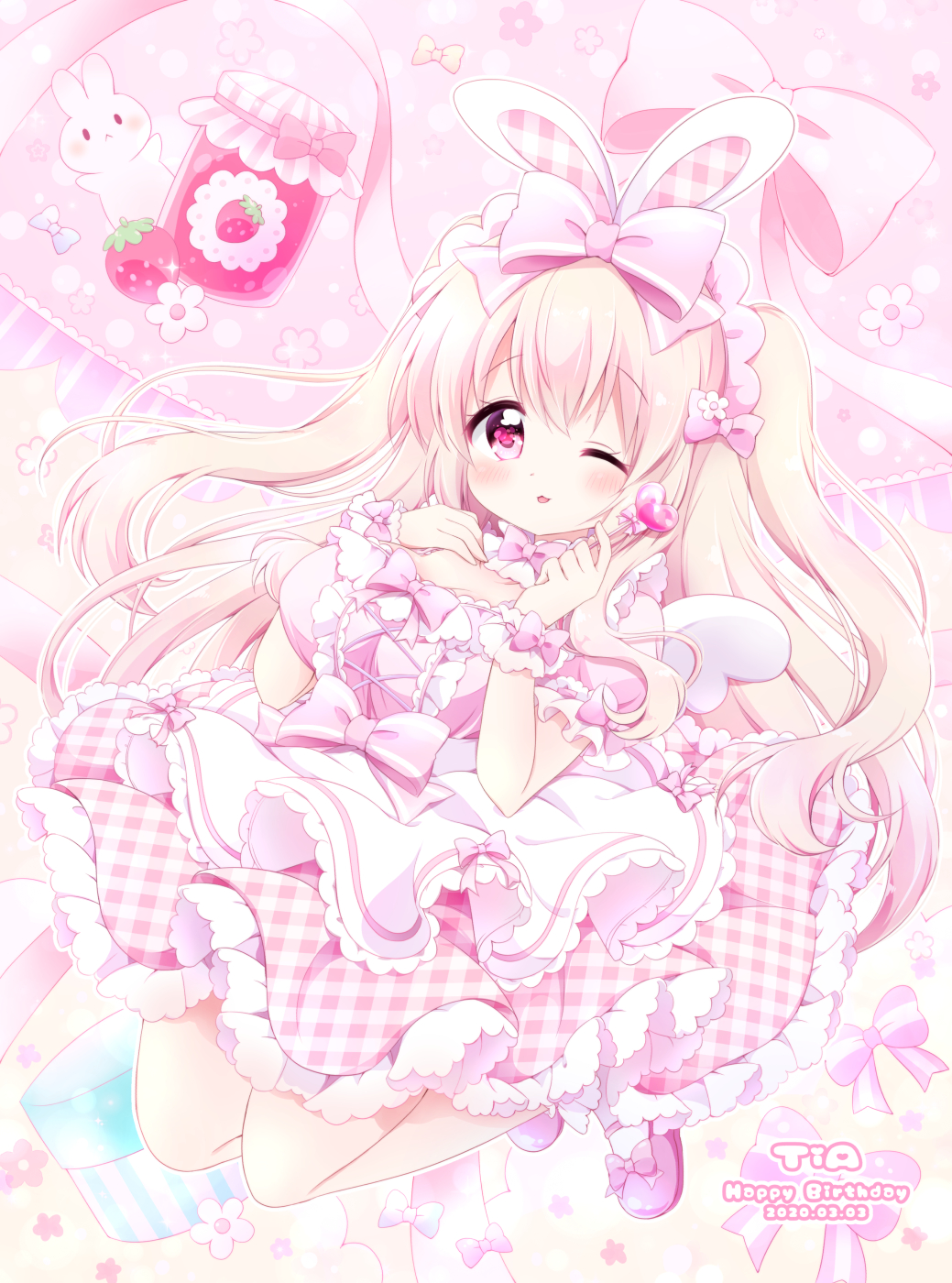 1girl, animal_ears, blonde_hair, bow, chiika_(cure_cherish), food, frills, fruit