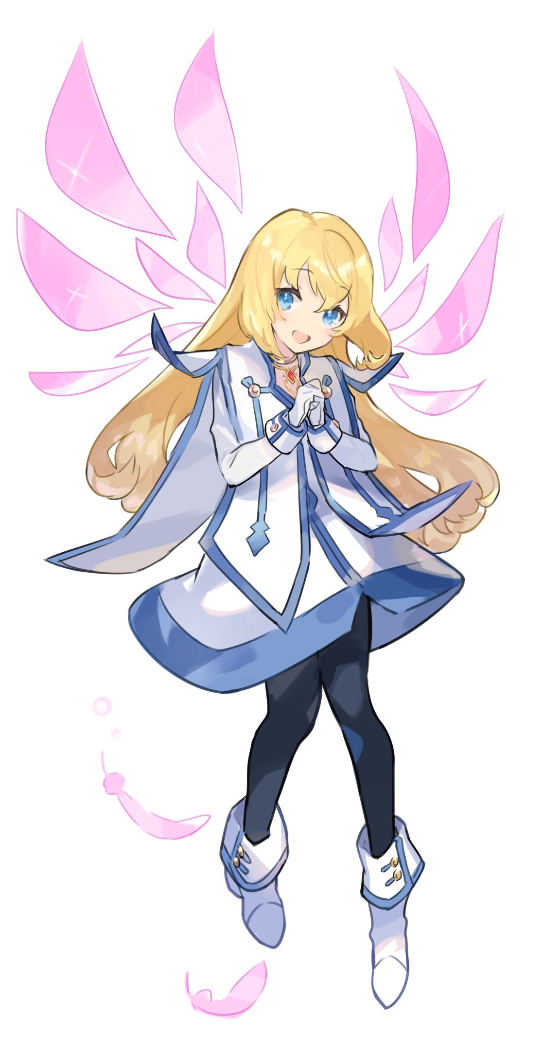 1girl, bangs, blonde_hair, blue_eyes, collet_brunel, dress, energy_wings, eyebrows_visible_through_hair, floating, gloves, hands_together, highres, kanyoko_(yuzukano_17), long_hair, open_mouth, pantyhose, pink_wings, smile, solo, tales_of_(series), tales_of_symphonia, white_background, white_dress, white_footwear, white_gloves, wings