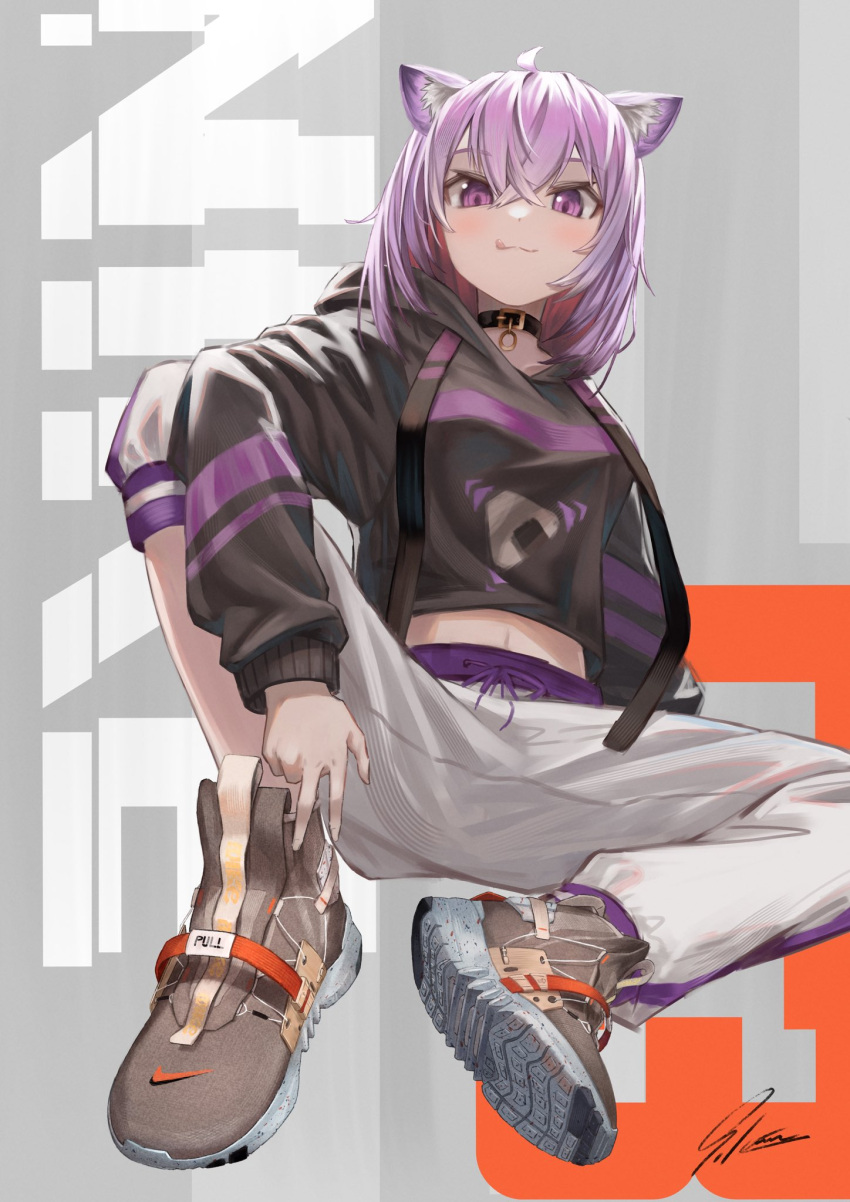 1girl, :3, animal_ear_fluff, animal_ears, black_hoodie, cat_ears, cat_girl, collar