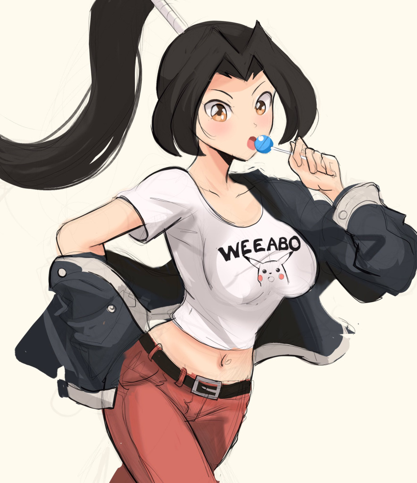 1girl, bangs, belt, black_belt, black_hair, black_jacket, borrowed_character, breasts