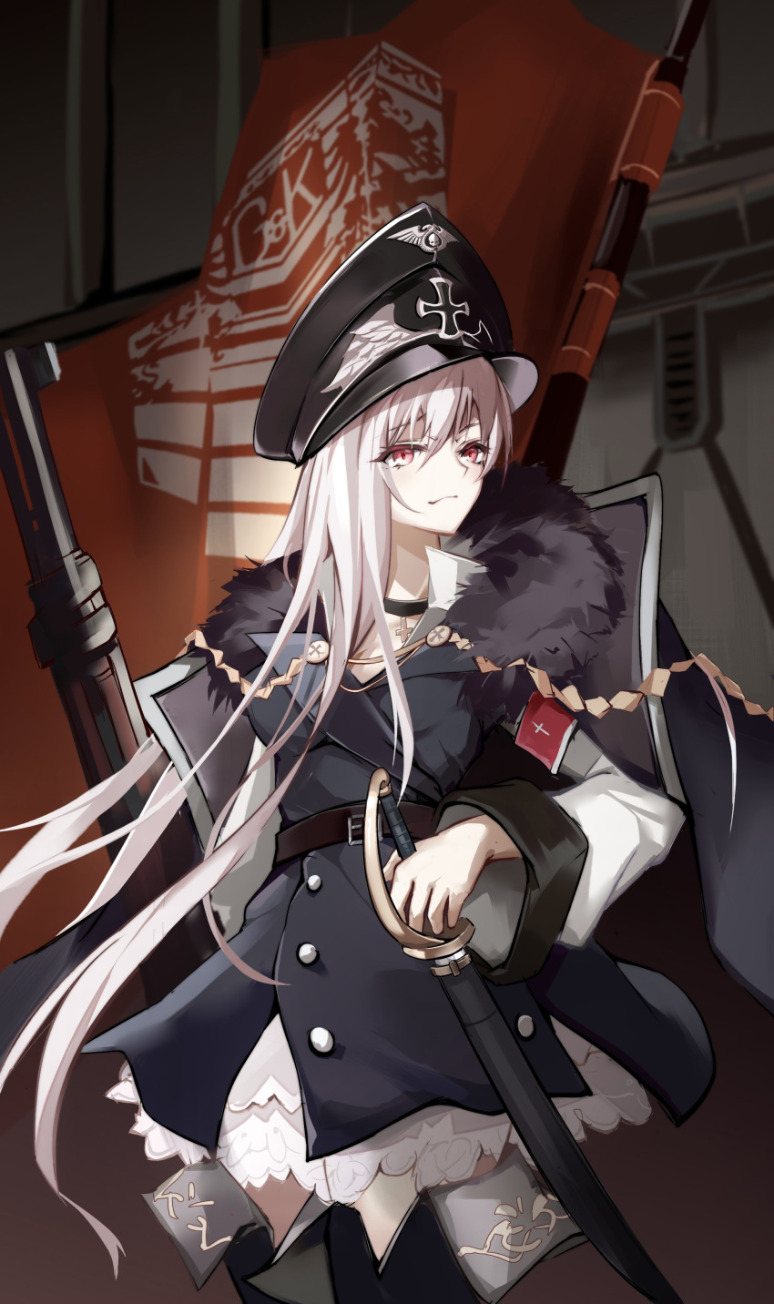 1girl, absurdres, black_choker, black_cloak, black_headwear, black_jacket, bolt_action, capelet, choker, cloak, closed_mouth, cross, cross_choker, cross_necklace, eyebrows_visible_through_hair, fur-trimmed_jacket, fur_collar, fur_trim, girls_frontline, gun, hat, highres, holding, holding_weapon, holstered_weapon, jacket, jewelry, kar98k_(girls_frontline), long_hair, looking_at_viewer, mauser_98, military_hat, necklace, priest77, red_eyes, rifle, silver_hair, solo, uniform, warhammer_40k, weapon