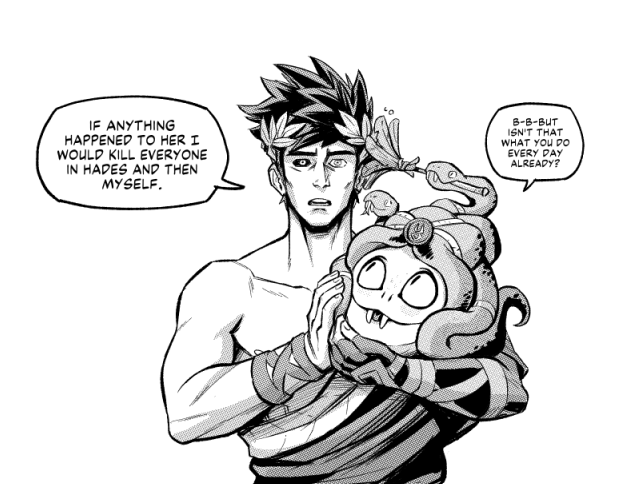 1boy, 1girl, black_hair, brooklyn_nine-nine, dusa_(hades), english_text, fangs, feather_duster