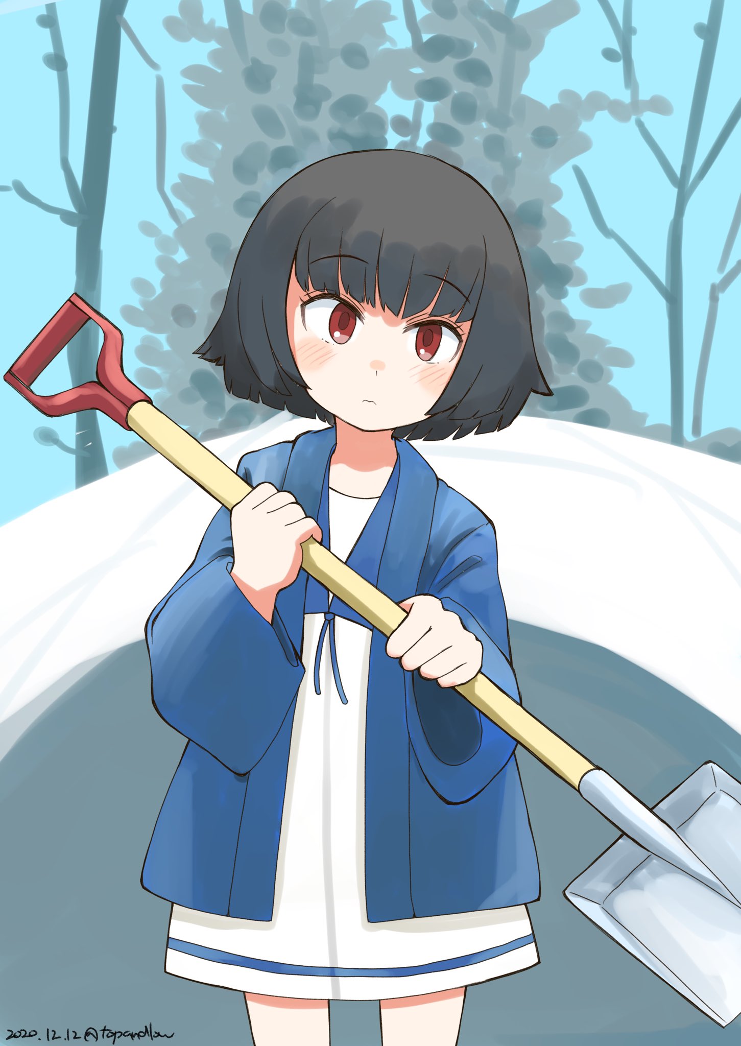 1girl, black_hair, blue_sailor_collar, cosplay, dress, hair_ribbon, happi, head_tilt