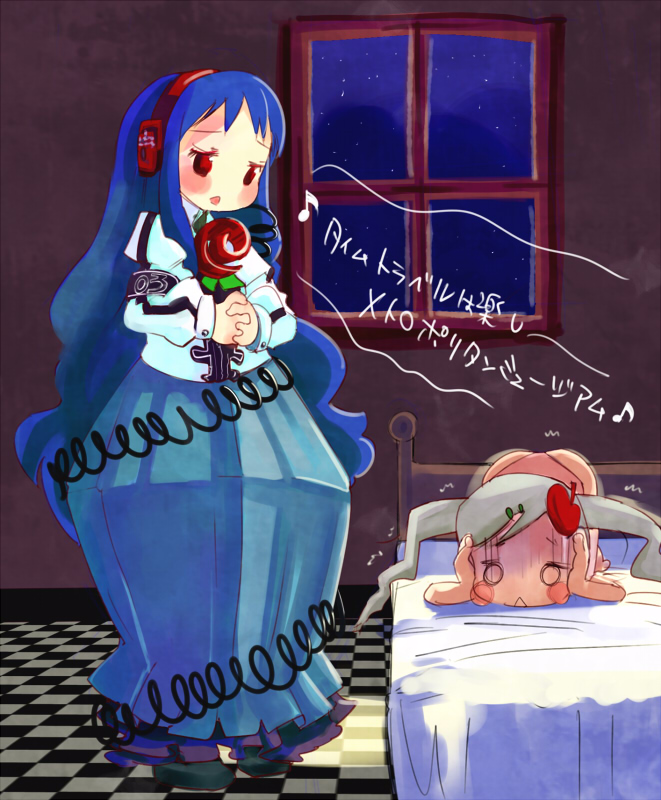 :<, bad_id, bed, bedroom, blue_hair, checkered, covering_ears, hands_clasped