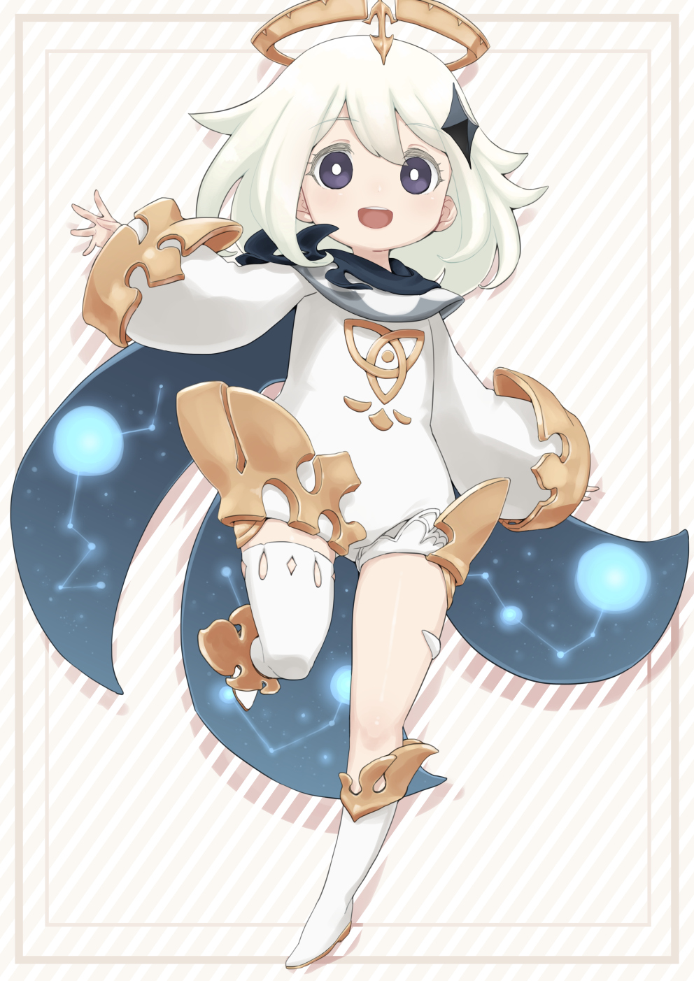 1girl, :d, bright_pupils, constellation, dress, drop_shadow, genshin_impact, hair_ornament