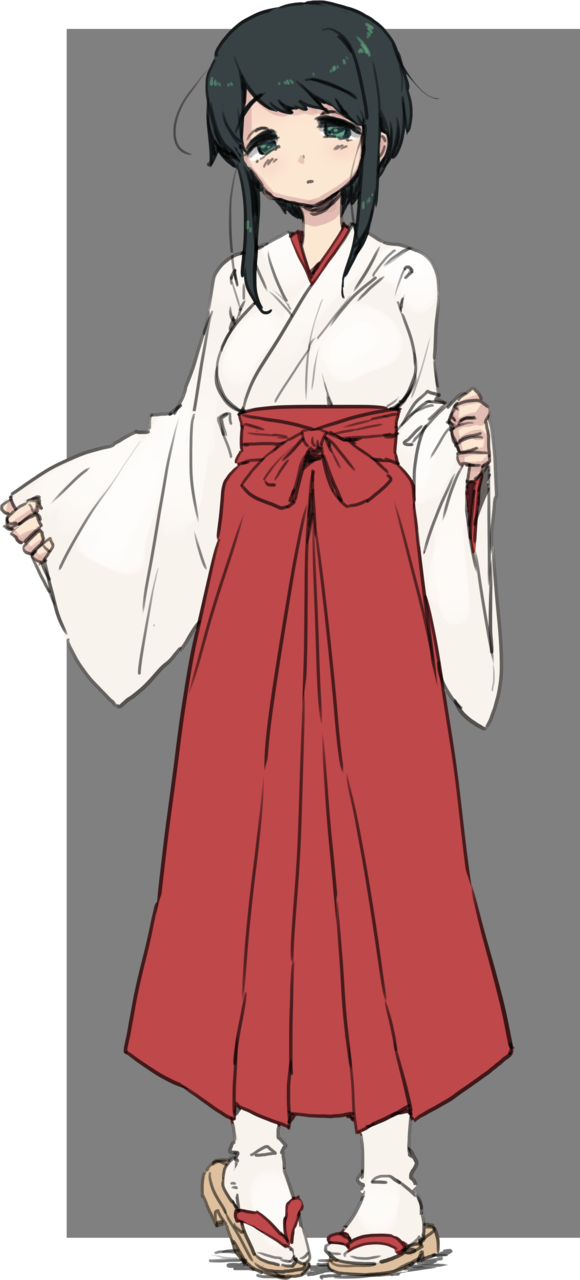 1girl, border, closed_mouth, full_body, green_eyes, green_hair, grey_background, hakama