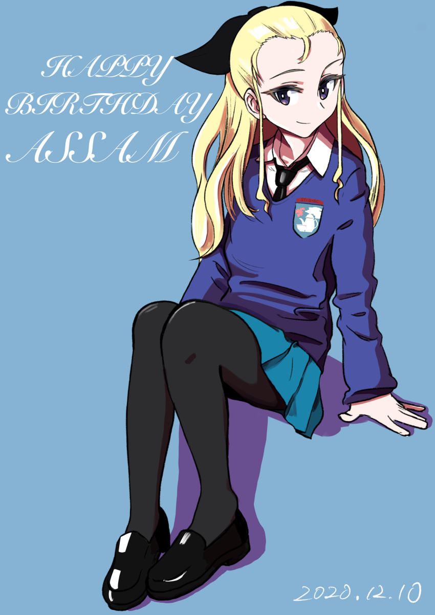 1girl, absurdres, assam_(girls_und_panzer), black_footwear, black_legwear, black_neckwear, black_ribbon, blonde_hair