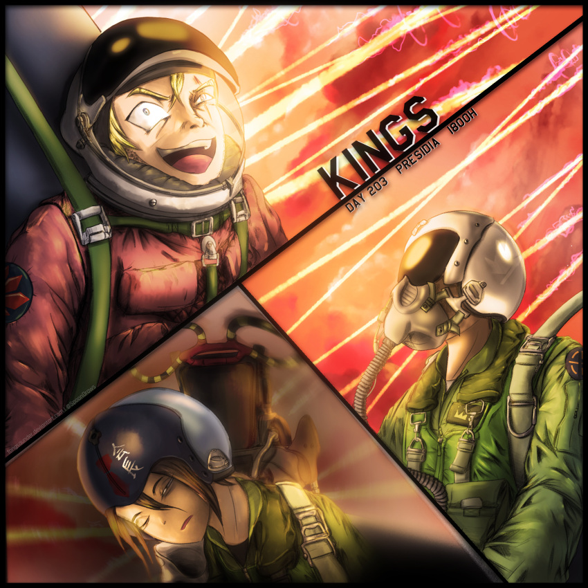 1girl, 2boys, crazy_eyes, crazy_laugh, crimson_1_(project_wingman), english_text, faceless, faceless_male
