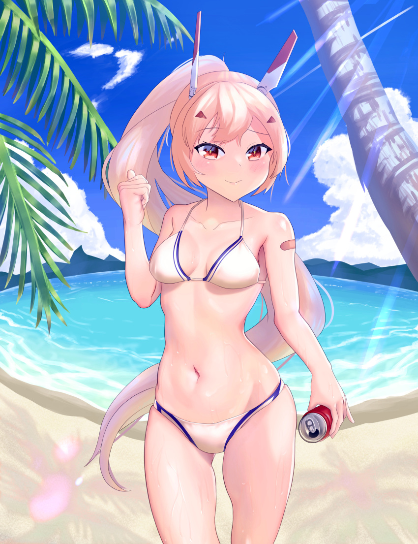 1girl, absurdres, ayanami_(azur_lane), azur_lane, bandaid, bandaid_on_arm, beach, bikini, blonde_hair, blue_sky, bouhuuu, breasts, can, clouds, commentary_request, cowboy_shot, day, high_ponytail, highres, looking_at_viewer, medium_breasts, mountain, ocean, orange_eyes, outdoors, palm_tree, silver_hair, sky, smile, soda_can, solo, swimsuit, tree, water, white_bikini