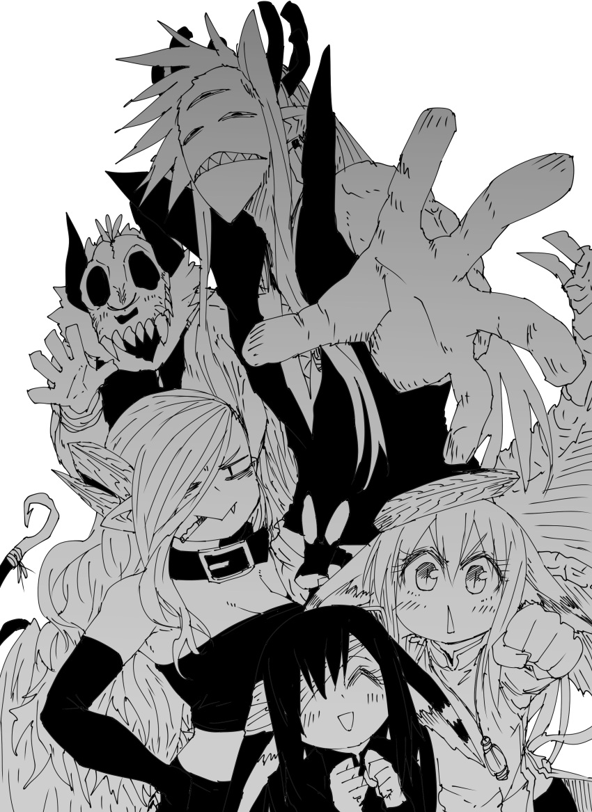 2boys, 3girls, :<, :d, absurdres, black_horns, byakuren_(mazohana), cigarette