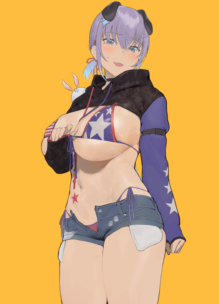 1girl, american_flag_bikini, animal_ears, bangs, bikini, blue_eyes, breasts, cowboy_shot