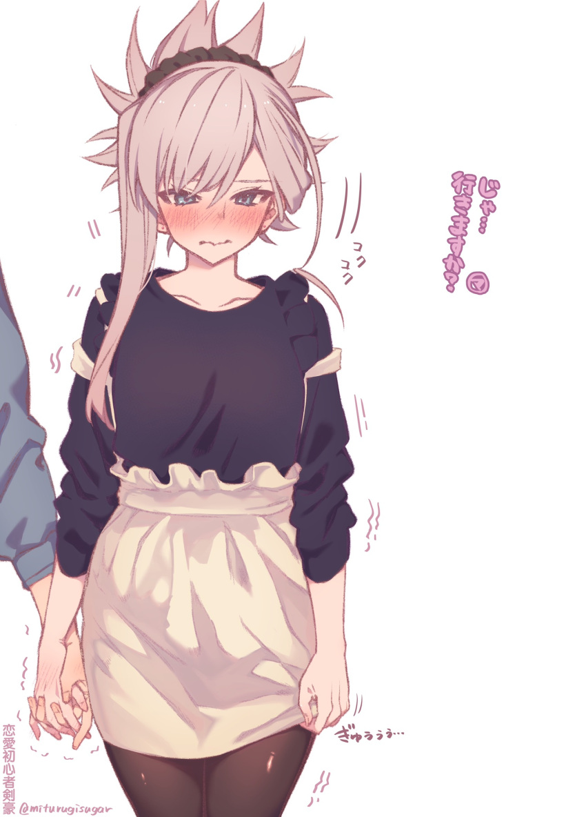 1boy, 1girl, bangs, blue_eyes, blush, collarbone, earrings, embarrassed, fate/grand_order, fate_(series), hair_up, highres, holding_hands, jewelry, male_hand, mitsurugi_sugar, miyamoto_musashi_(fate/grand_order), pantyhose, pink_hair, scrunchie, skirt, skirt_hold, translated, trembling