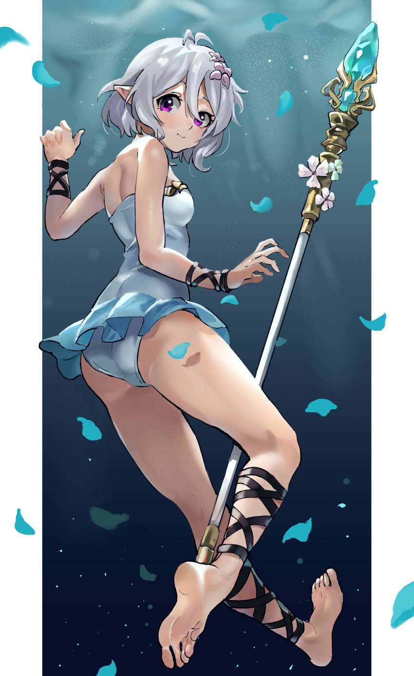 1girl, absurdres, antenna_hair, bangs, barefoot, black_ribbon, border, casual_one-piece_swimsuit, closed_mouth, full_body, hair_between_eyes, hair_ornament, highres, hirasawagitai, kokkoro_(princess_connect!), leg_ribbon, looking_at_viewer, looking_back, one-piece_swimsuit, petals, pillarboxed, pointy_ears, princess_connect!, princess_connect!_re:dive, ribbon, shiny, shiny_hair, short_hair, silver_hair, smile, solo, staff, swimsuit, violet_eyes, white_border, white_swimsuit