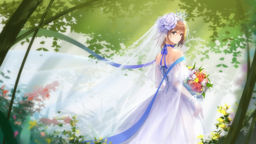 1girl, absurdres, bangs, blue_ribbon, blurry_foreground, bouquet, bridal_veil, brown_eyes
