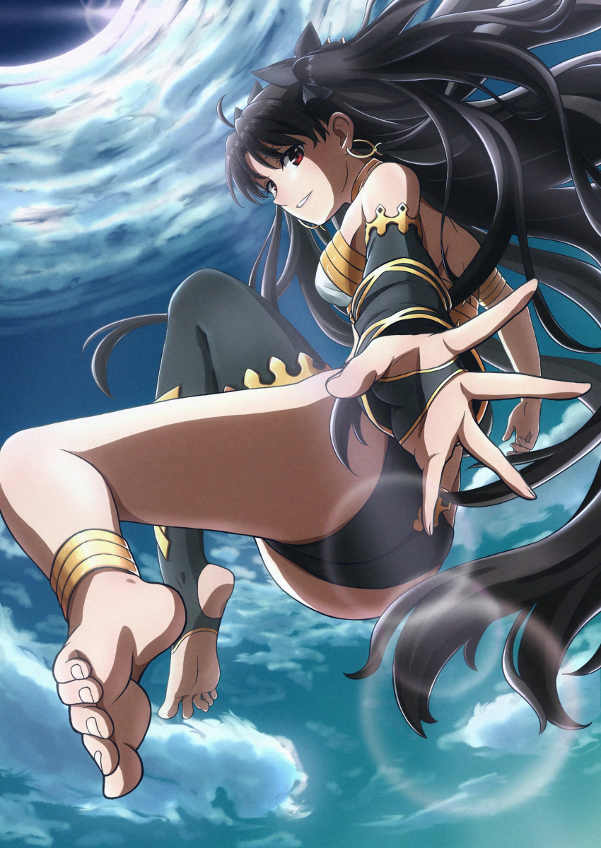 1girl, absurdres, anklet, asymmetrical_legwear, asymmetrical_sleeves, bangs, barefoot, black_bow