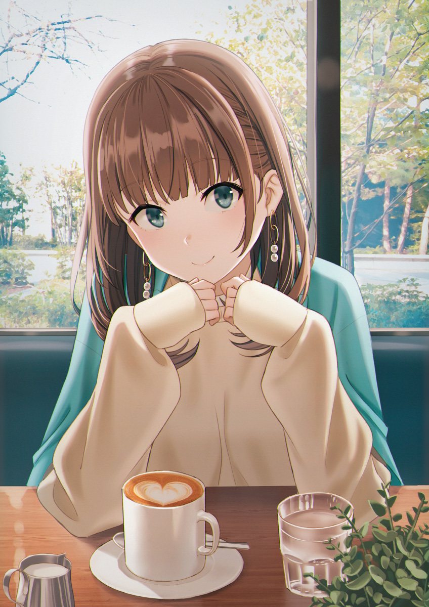 1girl, bangs, blue_eyes, blue_jacket, blunt_bangs, blush, brown_hair, casual
