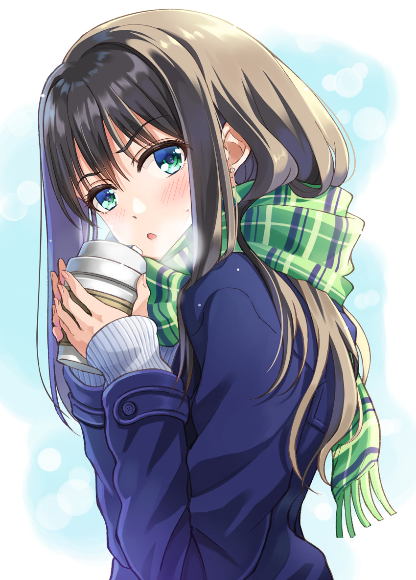 1girl, bangs, black_hair, blue_eyes, blue_jacket, blunt_bangs, blush, breath