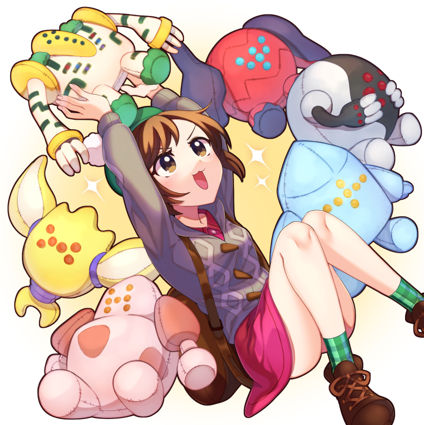 1girl, :3, arms_up, backpack, bag, brown_eyes, brown_hair, brown_legwear