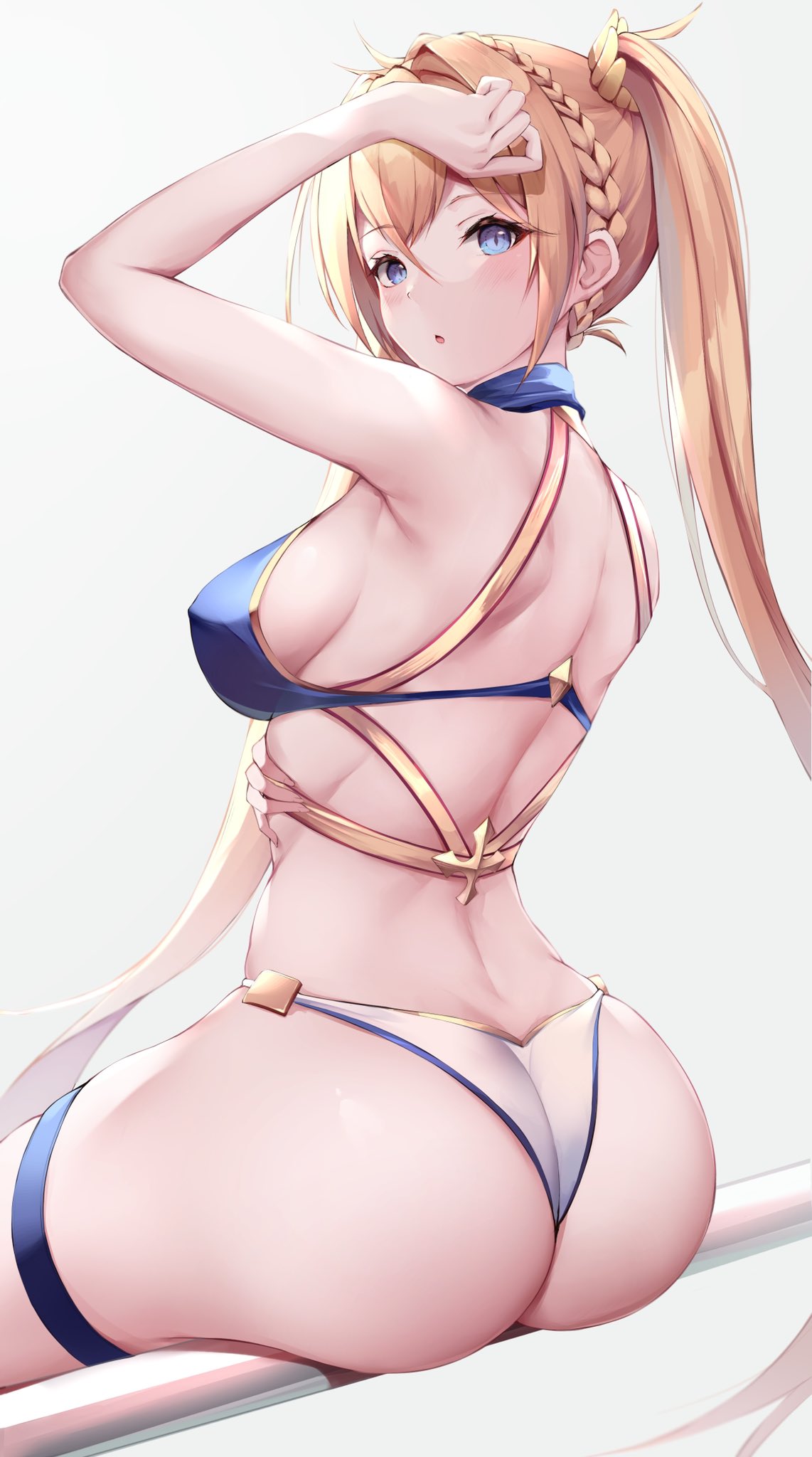 1girl, :o, arm_up, armpits, ass, back, bare_arms, bare_shoulders
